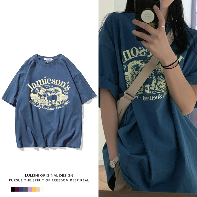 Design Sense T-Shirt Cotton round Neck Short Sleeve Loose Women’s Oversize Retro Summer T-Shirt Tee Top Women’s Tee 가격비교